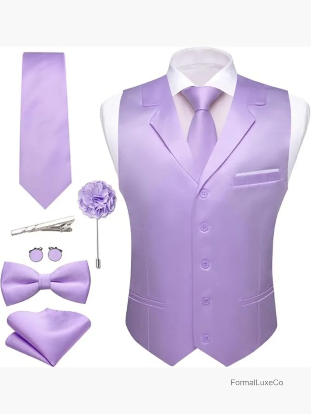 Men's Formal Suit Vest 8PC Set with Tie Bowtie Accessories Slim Fit Wedding